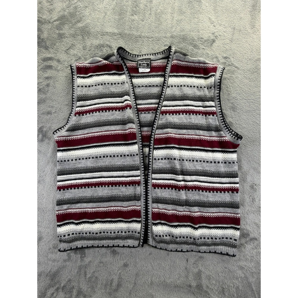 Southern Lady Womens XL Striped Knit Sweater Vest Grey Burgundy Made in USA